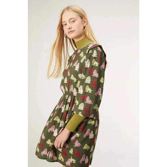 NWT Compania Fantastica Sheep Dog Print Green Smock Dress Size Small - Picture 3 of 11
